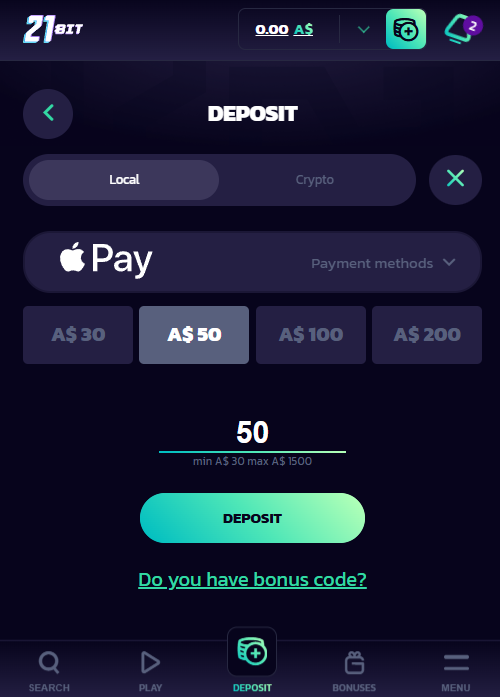 21bit Casino deposit page with Apple Pay as the selected payment method, min A$30 max A$1,500