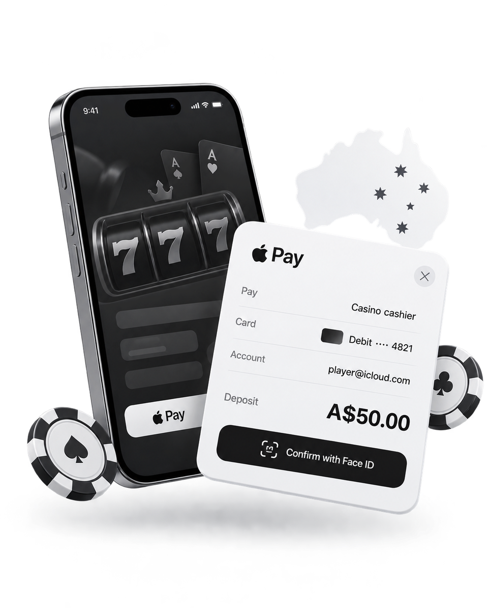 iPhone casino screen with an Apple Pay payment sheet confirming an A$50 deposit, with poker chips and an outline of Australia