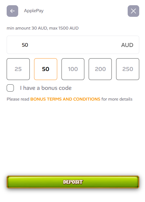 Asino Casino ApplePay deposit form, min amount 30 AUD, max 1500 AUD