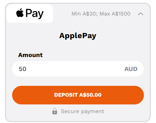 LevelUp Casino cashier showing Apple Pay with A$20 minimum and A$1,500 maximum