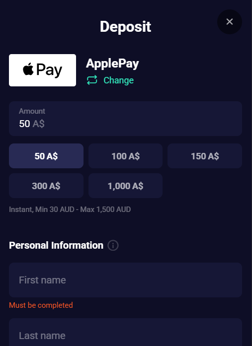 Lucky7 Casino deposit window with ApplePay selected, instant, min 30 AUD max 1,500 AUD